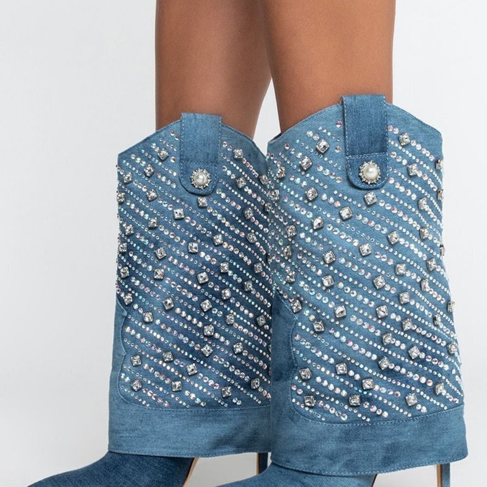 AZALEA WANG PLAYING TO WIN RHINESTONE STUDDED DENIM STILETTO BOOTIE ( BRAND NEW - Picture 8 of 13